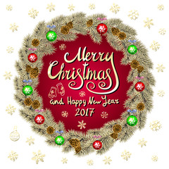 Merry Christmas And Happy New Year 2017 Vintage red Background green With Typography card with gold Christmas wreath. Vector illustration.