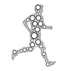 man running silhouette of cogs and gears. gray  illustration on gray background.