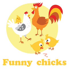 Cute cartoon chicken cock mother and child. Vector illustration.