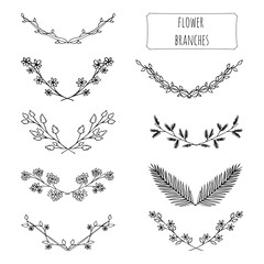 Hand drawn floral set made in vector. Flower branches collection design. Illustration of laurels, banners, floral elements. Greeting card and t-shirt design template. 