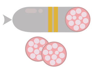 Smoked salami sausage isolated. Unhealthy eat, fat, smoked, fresh, bratwurst vector. Two slices of sausage