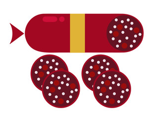 Smoked salami sausage isolated. Unhealthy eat, fat, smoked, fresh, bratwurst vector. Two slices of sausage