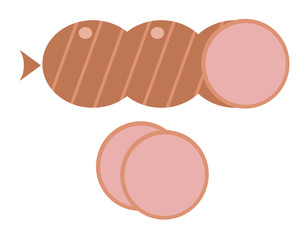 Smoked salami sausage isolated. Unhealthy eat, fat, smoked, fresh, bratwurst vector. Two slices of sausage
