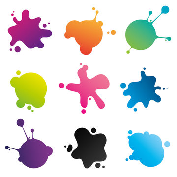 Colorful ink spots collection: set of stains different for shape and color isolated on white background. Vector image.