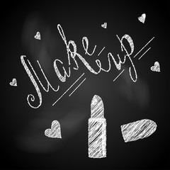 Naklejka premium Hand drawn make up illustration made in vector. Poster and beauty salon design with elements - hearts and lipstick on a chalkboard. T-shirt design template.