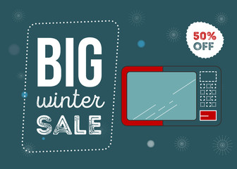 Big winter sale poster. Kitchen electronics sale 50 percent off. Appliances sale. microwave Banner for web of print. Flyer for market