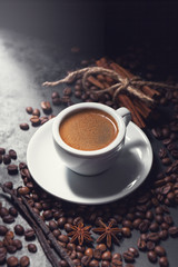 Obraz na płótnie Canvas Fresh tasty espresso cup of coffee with coffee beans and spices