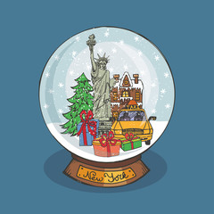 New york Christmas Snow globe.Doodle city