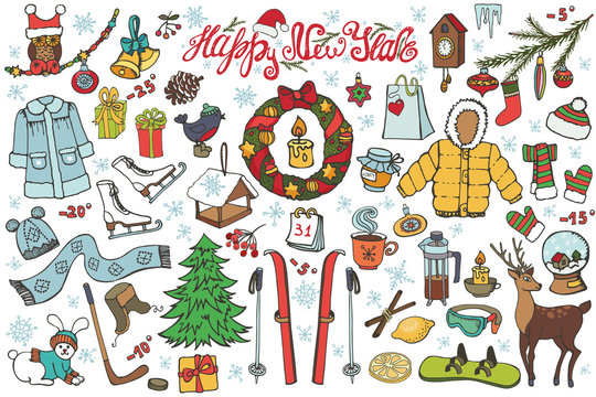 New year season doodle icons,symbols.Colored kit