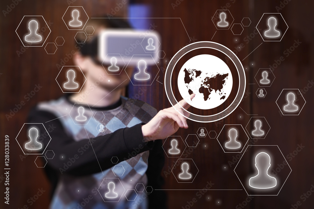 Poster businessman touch button map web in virtual reality device vr virtual