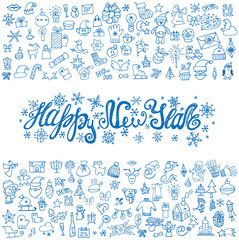 Fototapeta na wymiar New year greeting card.Linear Icons,title.Blue