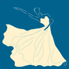 Beautiful Ballerina line art illustration in white dress on blue background | abstract art of dancer | classical posing performer