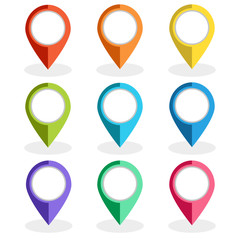 Vector illustration. Set of multi-colored map pointers. GPS location symbol. Flat design style.  Collection of blank markers for your targets, signs and icons.
