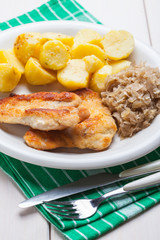 Fried chicken breast fillet on a white plate.
