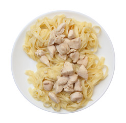 Pasta with braised chicken and spices on a plate. Top view.