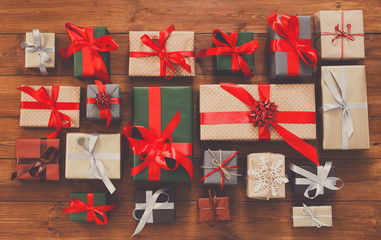 Lots of Gift boxes on wood, christmas presents in paper