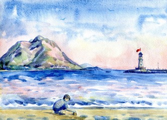 little boy on the beach. Seascape with lighthouse. Watercolor painting - 128035284