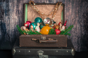 Retro Style Suitcases with Christmas Tree Decorations