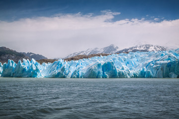 Vue du Glacier Grey, Parc National Torres del Paine, Patagonie, Chili. Le réchauffement climatique affecte les glaciers du monde entier.