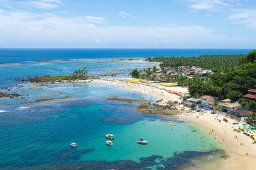 Scenic overlook of the First and Second beaches at the resort destination of Morro de Sao Paulo in Bahia, Brazil