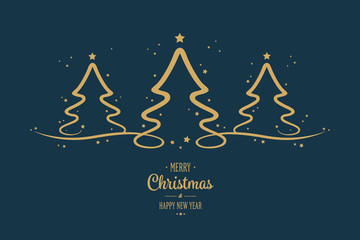 gold christmas trees stars greeting blue background