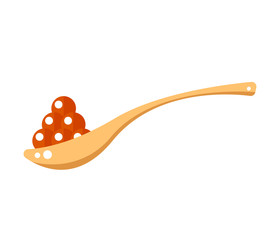 Red caviar in wooden spoon isolated on white background. Roe icon vector illustration. Russian traditional snack. Caviare menu for restaurant.