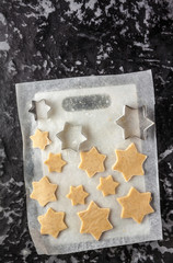 production of Christmas cookies in the shape of stars. raw dough