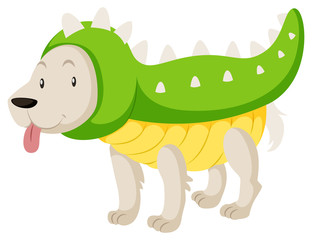 Little dog wearing dinosaur costume