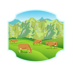 Cows On The Alpine Meadows. Mountains Range And Green Valley. Background For Label, Sticker, Print, Packing, Web. Landscape Vector Background. Alpine Meadows Sticker.