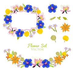Flower Vector Set Element. Vector Collection Isolated On White Background. Beautiful Colorful Flowers Illustration Set. Beautiful Flower Vector Frame And Garlands.