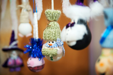 New-year handmade toys. Nice snow man.