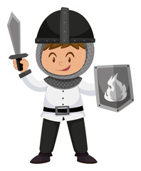 Kid in knight costume with weapons