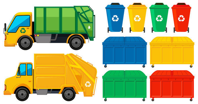 Rubbish trucks and cans in many colors