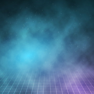 Illustration of Vector Clouds on Night Background. 1980s Retro Neon Poster. Outer Space Background