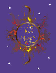 Fiery Hoop on purple sky. Red rooster and stars on a dark background.