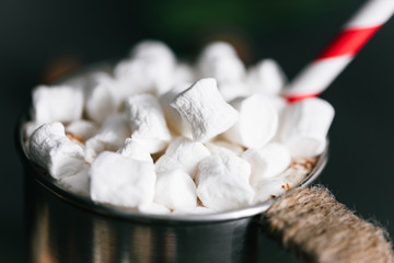 Hot cacao cup with melting marshmallow and straw