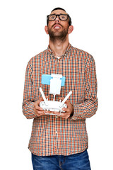 Man holding drone controler, isolated over white background.
