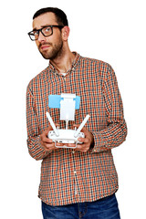Man holding drone controler, isolated over white background.