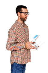 Man holding drone controler, isolated over white background.