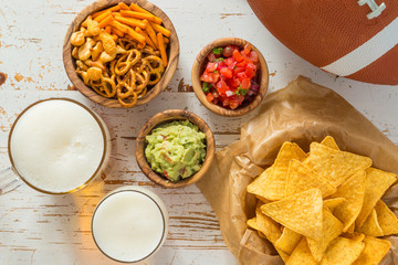 Football party food, super bowl day, nachos salsa guacamole