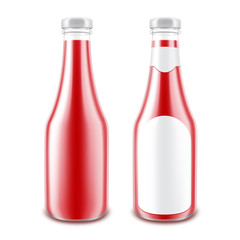 Vector Set of Blank Glass Glossy Red Tomato Ketchup Bottle for Branding without label on White Background