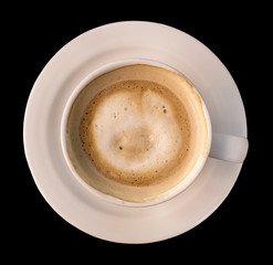 Photo of coffee cup on black background with copyspace