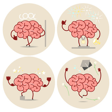Brain cartoon, different types of victories. Vector isolated set