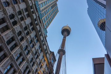 Sydney's centrepoint tower and a skyscraper against a blue sky