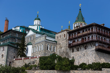 Fototapeta na wymiar Russian St. Pantaleon Orthodox monastery at Mount Athos