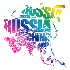 Asia Map in Typography word cloud concept, names of countries