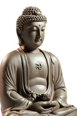 Zen Buddha sculpture on a white background.