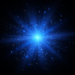 Light effect. Star burst with sparkles. Blue glitter texture