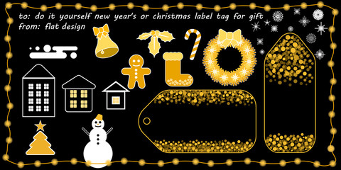 flat vector new year's or christmas printable tag for gift or sale, do it yourself new year's or christmas label tag for gift, gold glitter effect on black