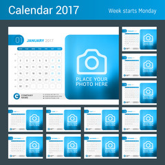 Desk Calendar for 2017 Year. Vector Design Print Template with Place for Photo. Week Starts on Monday. Calendar Grid with Week Numbers